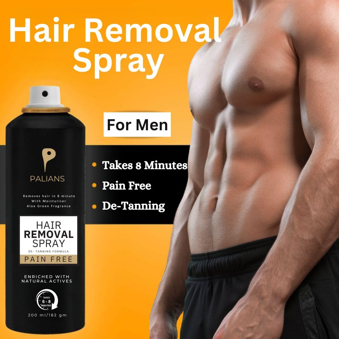 Palians Pro Men's Hair Removal Spray - Fast-Acting, Gentle Formula with Soothing Aloe & Vitamin E, Ideal for Body, 200ml