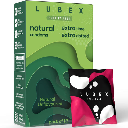 Lubex 6 in 1 Extra Time Condoms - Long Lasting with Disposable Bags - Ultra Thin & Extra Dotted - Natural Unflavoured - 12 Condom (Pack of 1)