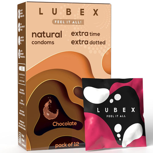 Lubex 6 in 1 Extra Time Condoms - Long Lasting with Disposable Bags - Ultra Thin & Extra Dotted - Chocolate Flavour - 12 Condom (Pack of 1)