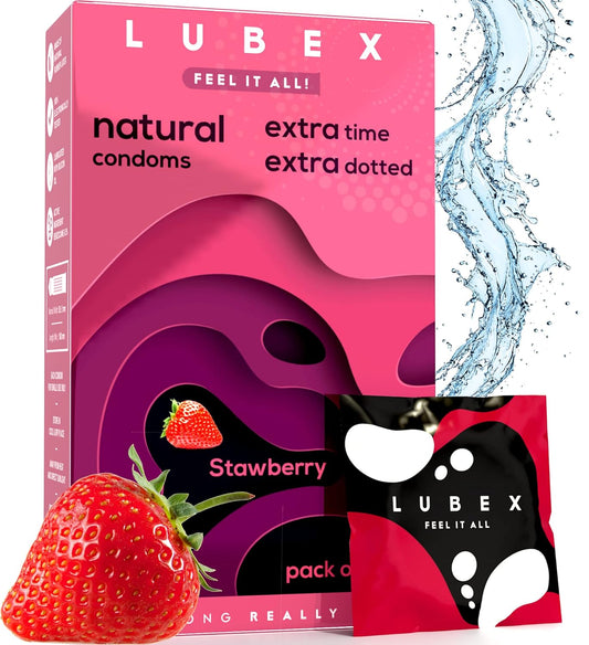 Lubex 6 in 1 Condoms - Long Lasting, Extra Dotted with Condom Disposable Bags - Extra Ribbed for Girls & Extra Time for Men - Strawberry Flavour - Combo Pack of 12 Condoms